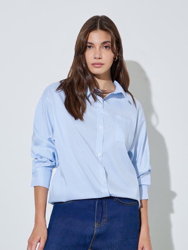 Styli Blue Striped Oversized Casual Shirt - Image 1