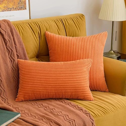 Guffaw Corduroy Rectangular Cushion Covers, Size 12x18, Pack of 2, Multiple Colors (4, Orange) - Image 1