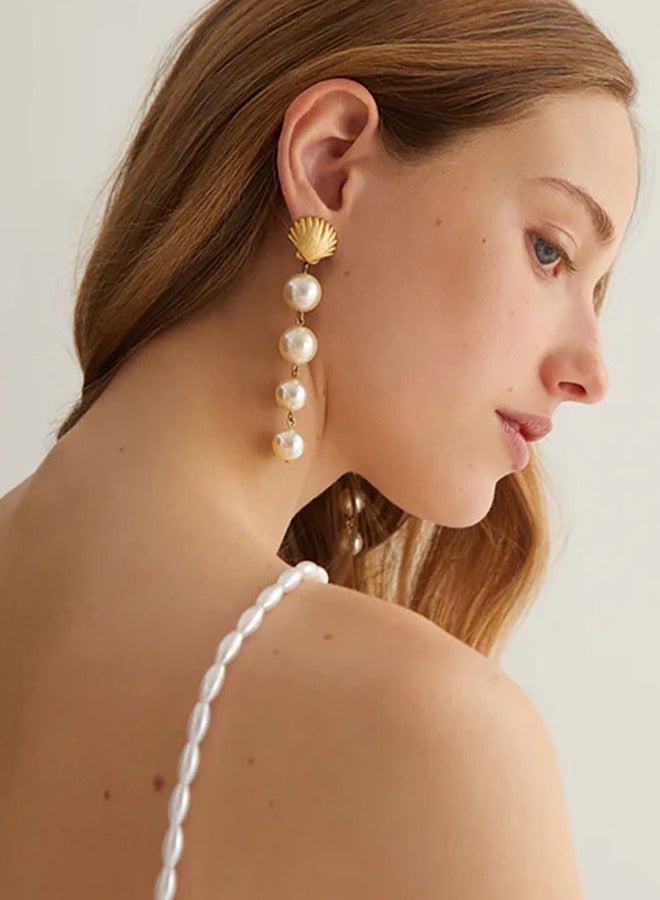 Stainless steel 18k gold shell pearl inlaid earrings, non-fading long personality large pearl earrings, high-end exaggerated earrings - Image 3