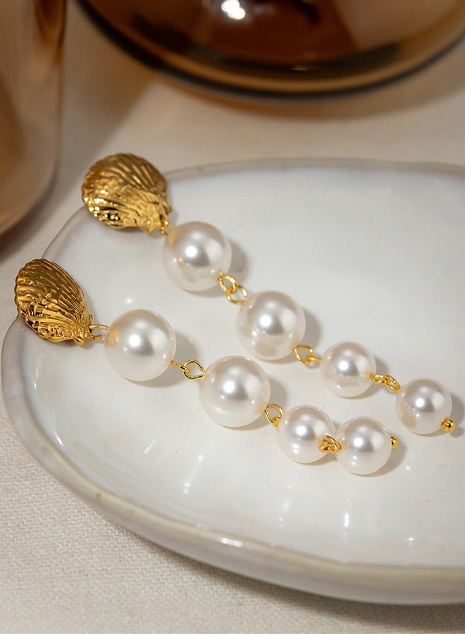 Stainless steel 18k gold shell pearl inlaid earrings, non-fading long personality large pearl earrings, high-end exaggerated earrings - Image 5