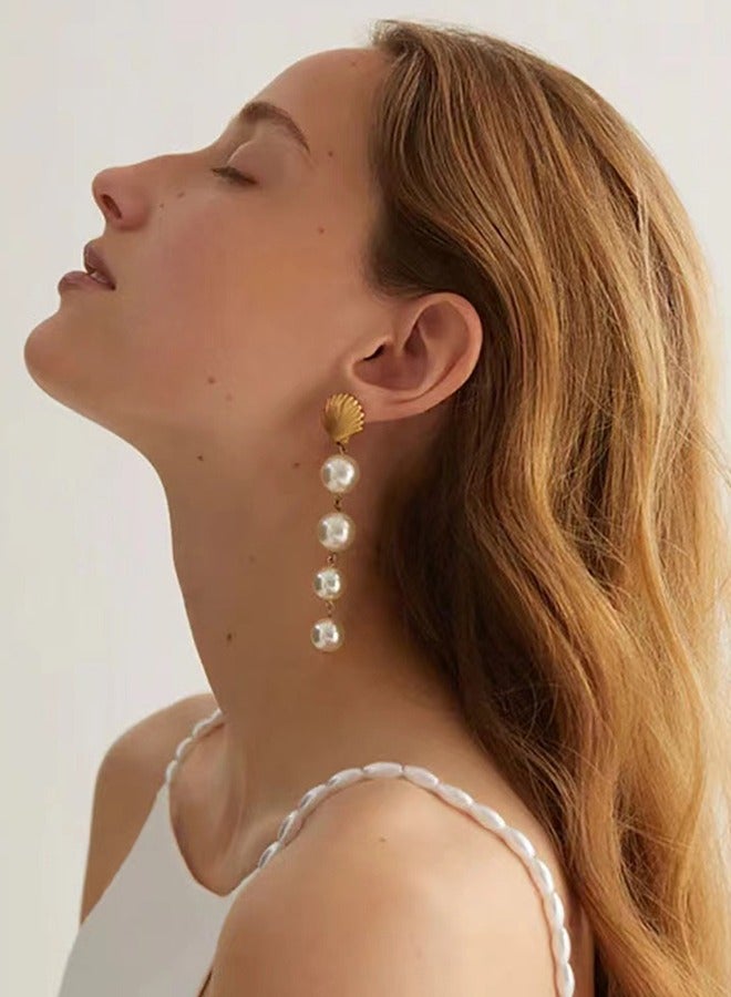 Stainless steel 18k gold shell pearl inlaid earrings, non-fading long personality large pearl earrings, high-end exaggerated earrings - Image 2