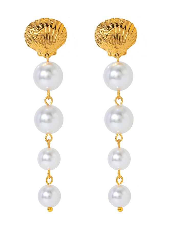 Stainless steel 18k gold shell pearl inlaid earrings, non-fading long personality large pearl earrings, high-end exaggerated earrings - Image 1
