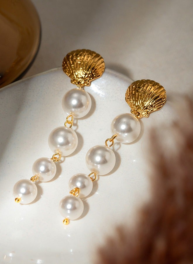 Stainless steel 18k gold shell pearl inlaid earrings, non-fading long personality large pearl earrings, high-end exaggerated earrings - Image 4
