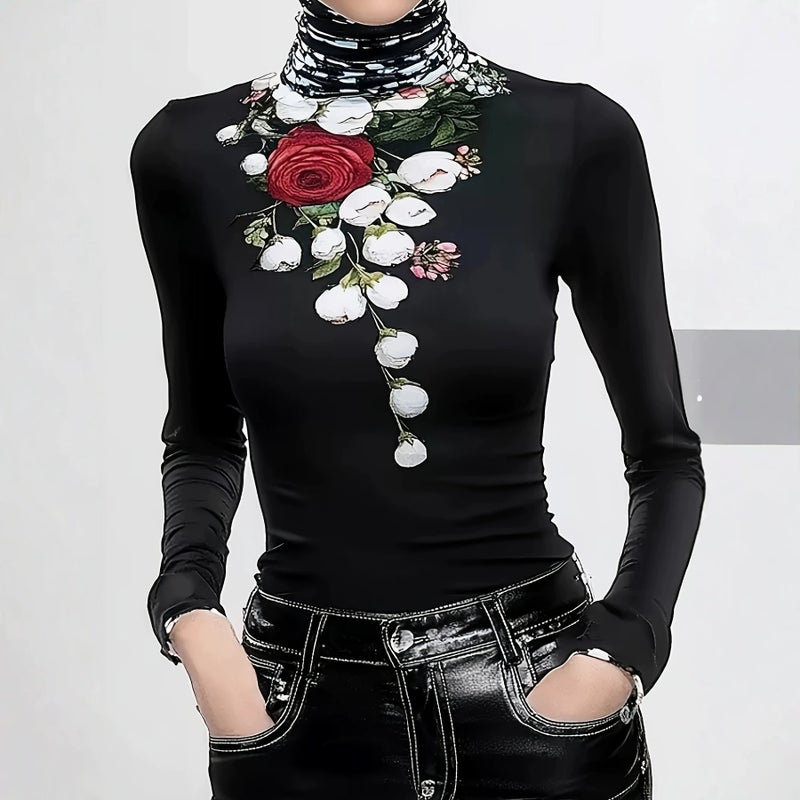 تيشيرت نسائي بطبعة بيزلي كلاسيكية، ياقة عالية، بقصة ضيقة، أكمام طويلة - Image 1