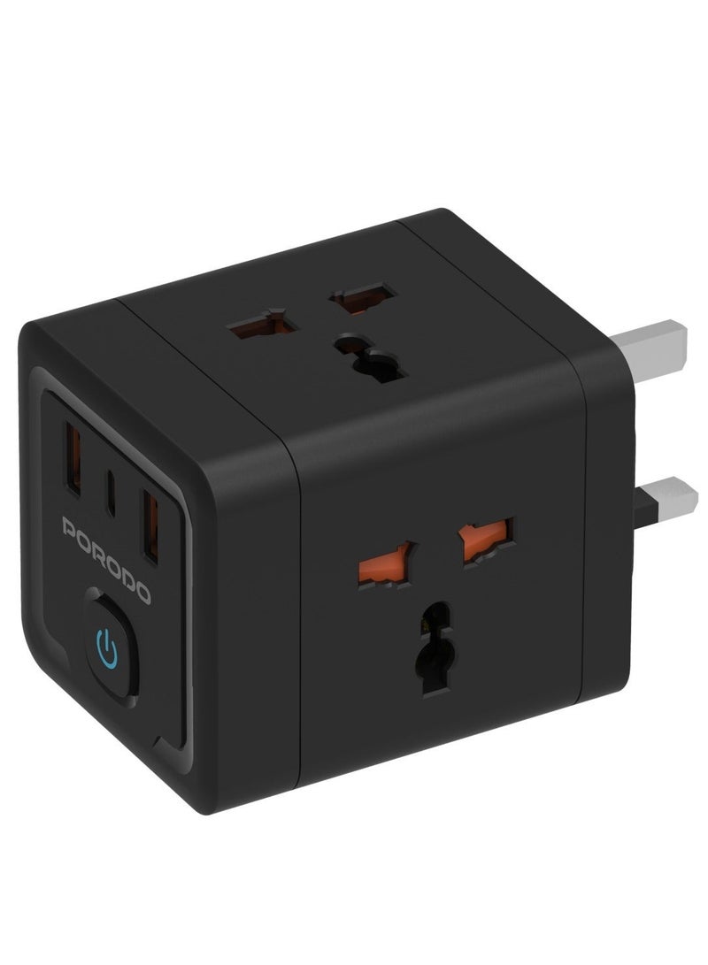 porodo 4 AC Universal Power Block Adapter 2500W/ 2 USB-A/1 USB-C/ Built-In Safeguard / Simultaneous Charging/ ×4 AC Outlet Travel Adapter / On/Off Switch/ 3pin Plug - Black - Image 1