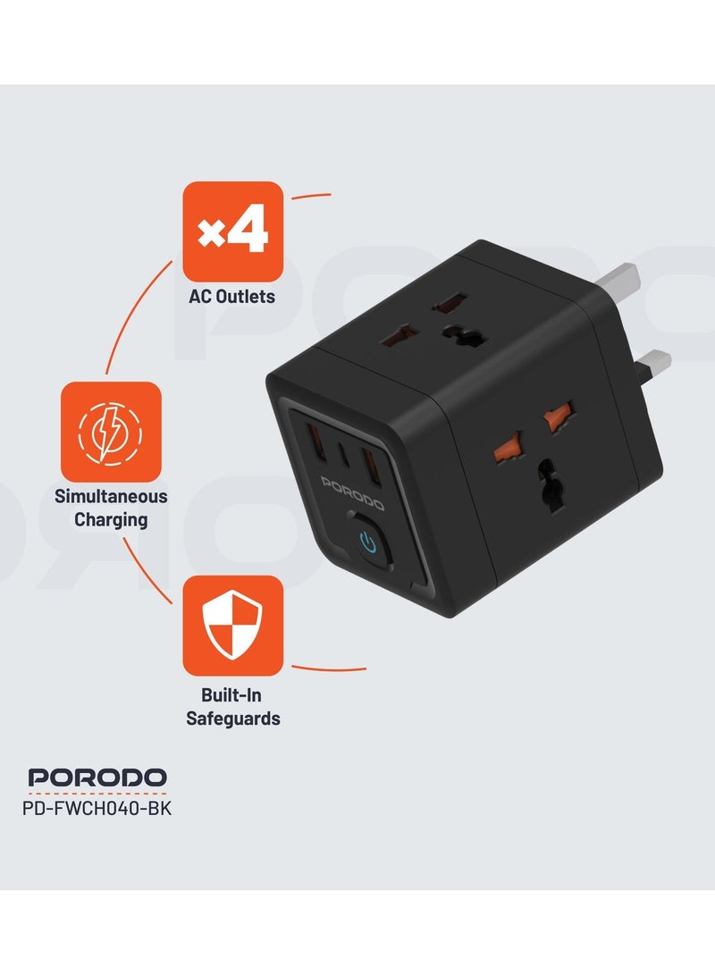 porodo 4 AC Universal Power Block Adapter 2500W/ 2 USB-A/1 USB-C/ Built-In Safeguard / Simultaneous Charging/ ×4 AC Outlet Travel Adapter / On/Off Switch/ 3pin Plug - Black - Image 2