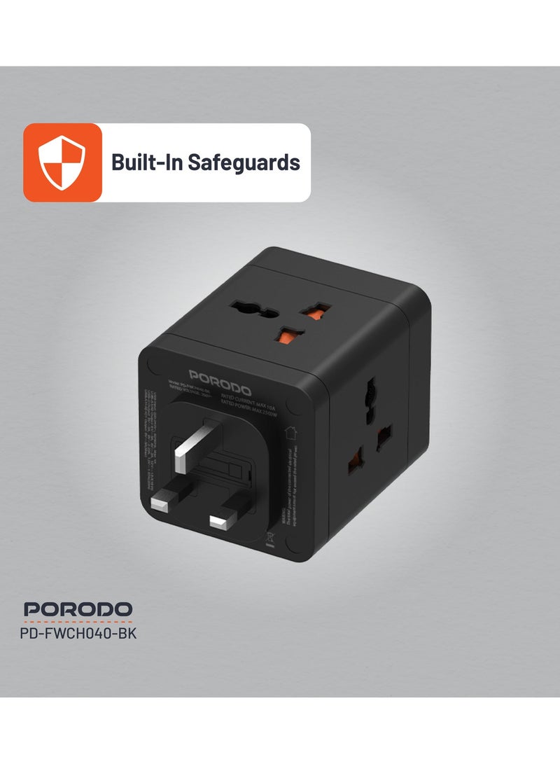 porodo 4 AC Universal Power Block Adapter 2500W/ 2 USB-A/1 USB-C/ Built-In Safeguard / Simultaneous Charging/ ×4 AC Outlet Travel Adapter / On/Off Switch/ 3pin Plug - Black - Image 4