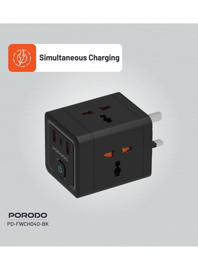porodo 4 AC Universal Power Block Adapter 2500W/ 2 USB-A/1 USB-C/ Built-In Safeguard / Simultaneous Charging/ ×4 AC Outlet Travel Adapter / On/Off Switch/ 3pin Plug - Black - Image 5