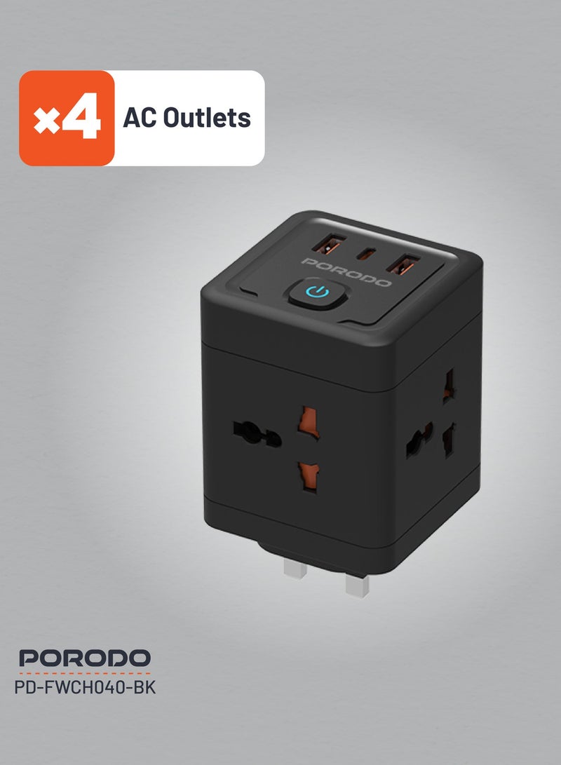 porodo 4 AC Universal Power Block Adapter 2500W/ 2 USB-A/1 USB-C/ Built-In Safeguard / Simultaneous Charging/ ×4 AC Outlet Travel Adapter / On/Off Switch/ 3pin Plug - Black - Image 3