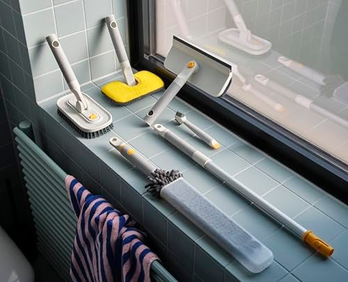 Joseph Joseph CleanTech 6Piece Cleaning Set with Extension Handle Includes Glass Cleaner wSqueegee Tile Scrubber Grout Brush Surface Cleaner and Duster with Telescopic Pole for Ceiling Fan - Image 3