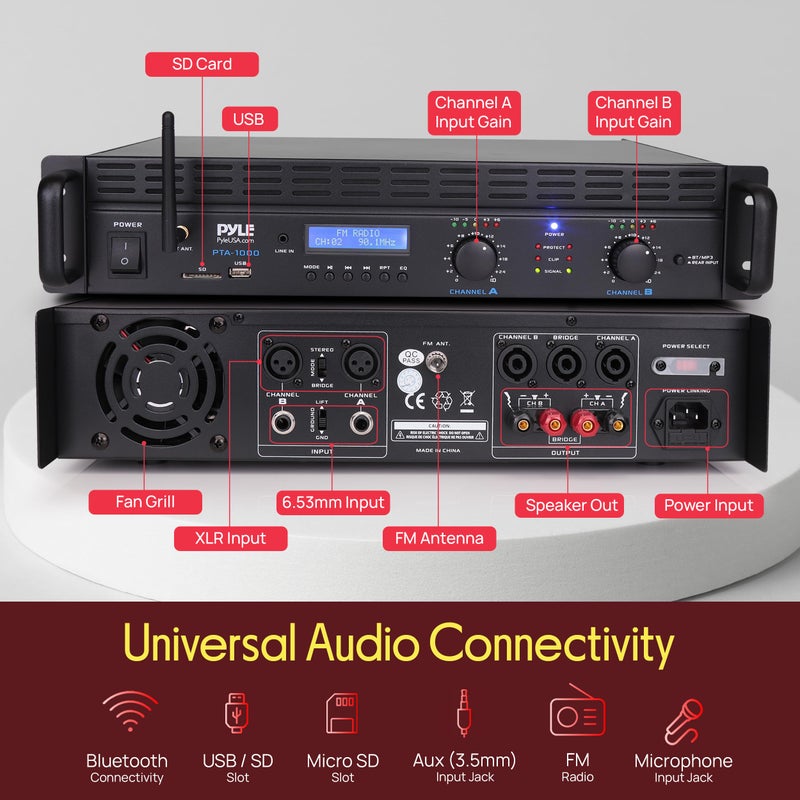Pyle 2-Channel Rack Mount Power Amplifier with Bluetooth - 2000W Bridgeable with TRS XLR Input, Speakon Outputs, USB-A Input with MP3 Player, Bridge Mode, Cooling Fan, LED Level Meters - PTA1000BT - Image 3
