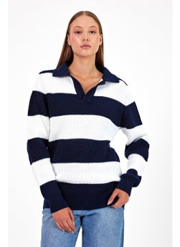 Cool Tarz Cool Style Women Striped Comfort V Polo Neck Sweater  - Image 1