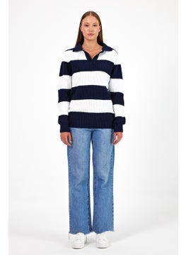 Cool Tarz Cool Style Women Striped Comfort V Polo Neck Sweater  - Image 2