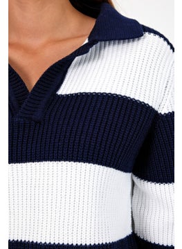 Cool Tarz Cool Style Women Striped Comfort V Polo Neck Sweater  - Image 4