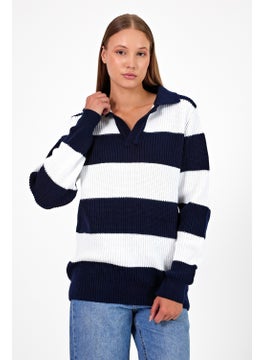 Cool Tarz Cool Style Women Striped Comfort V Polo Neck Sweater  - Image 3