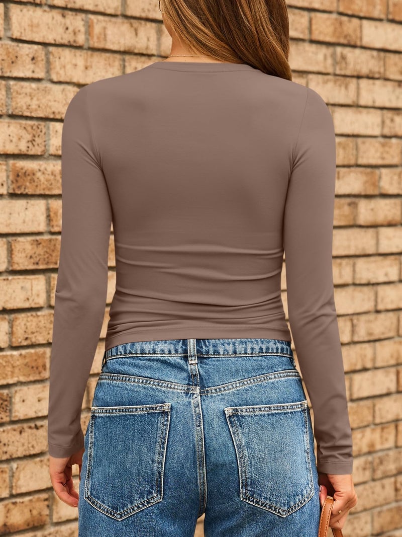 AUTOMET Womens Long Sleeve Shirts Basic Compression Going Out Crop Tops Fall Fashion Y2K Clothes 2025 Coffee Grey XL - Image 5