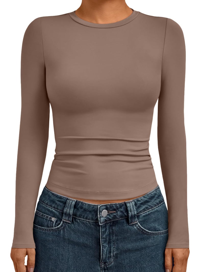 AUTOMET Womens Long Sleeve Shirts Basic Compression Going Out Crop Tops Fall Fashion Y2K Clothes 2025 Coffee Grey XL - Image 1