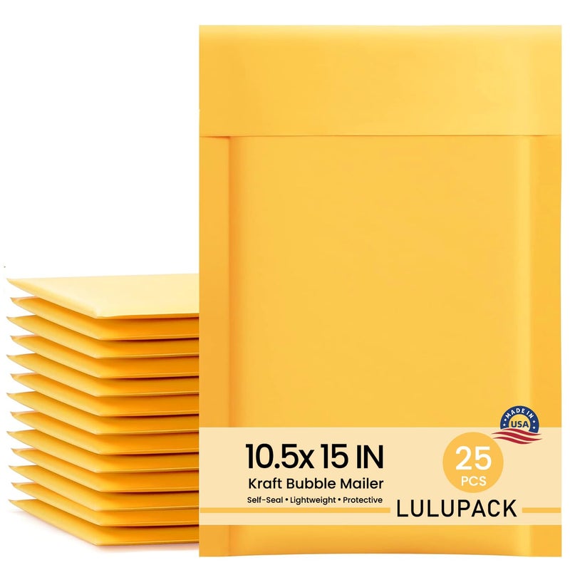LULUPACK 10.5 x 15 in Kraft Bubble Mailer, Yellow Padded Envelopes, Recyclable Waterproof Mailing Bags, Self Seal Shipping Packaging Envelopes (25 PCS) - Image 1