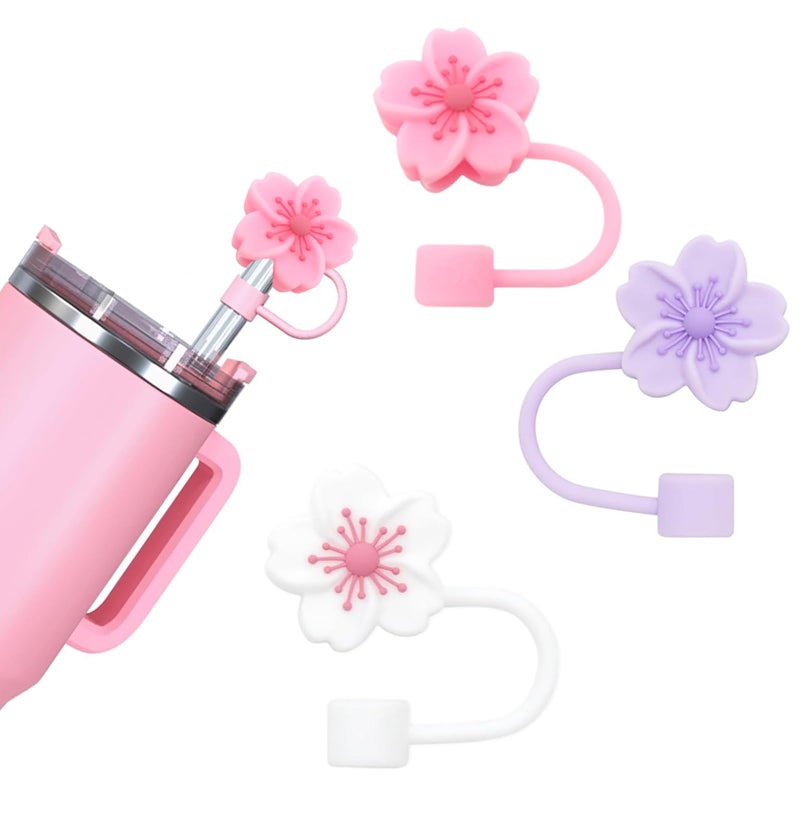 BTYHAOS Silicone Straw Caps for 10mm Tumblers | Reusable Dust-Proof Straw Toppers Compatible with Stanley 30oz & 40oz Tumblers (Purple Flower 3pc) - Image 1