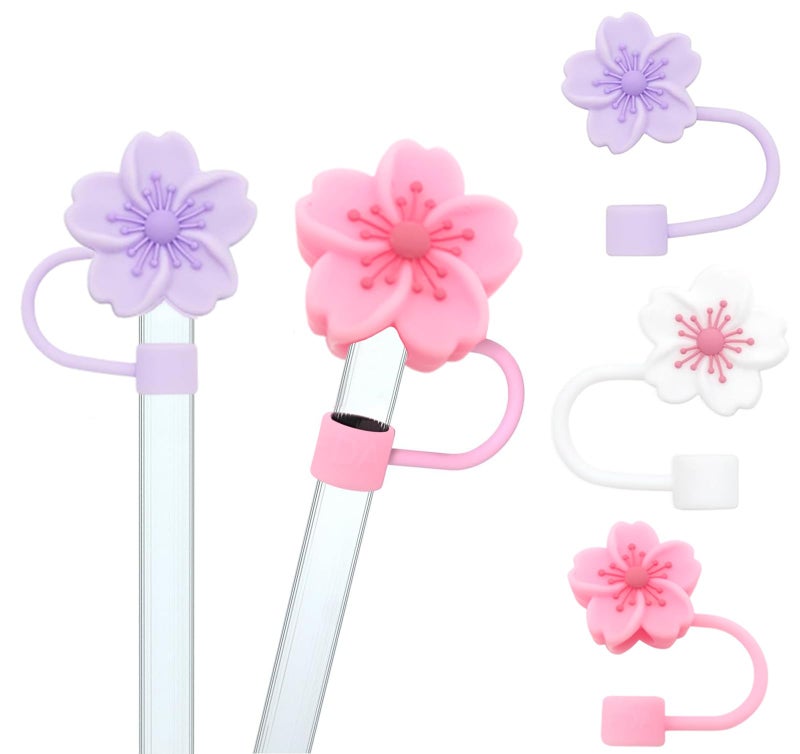 BTYHAOS Silicone Straw Caps for 10mm Tumblers | Reusable Dust-Proof Straw Toppers Compatible with Stanley 30oz & 40oz Tumblers (Purple Flower 3pc) - Image 3