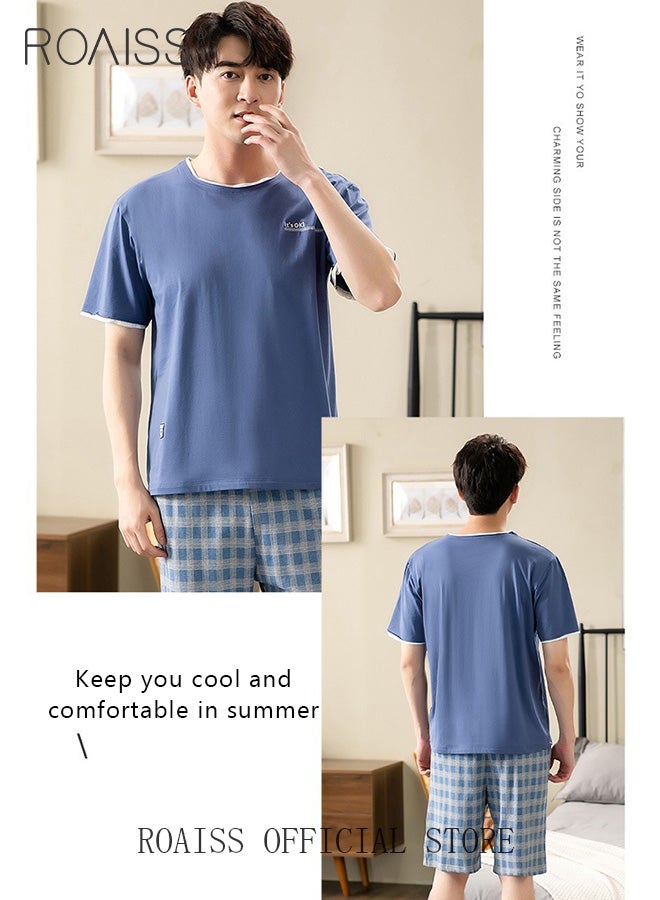 roaiss Men's 2 Piece Loungewear Set Round Neck Short Sleeves Checked Shorts Modal Pajamas Loose Comfortable Pajama Set Skin Friendly Fabric Homewear Soft Versatile Design Blue  - Image 3