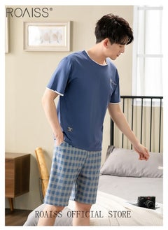 roaiss Men's 2 Piece Loungewear Set  Round Neck Short Sleeves & Checked Shorts Modal Pajamas Loose & Comfortable Skin Friendly Fabric Soft & Versatile Design  - Image 4