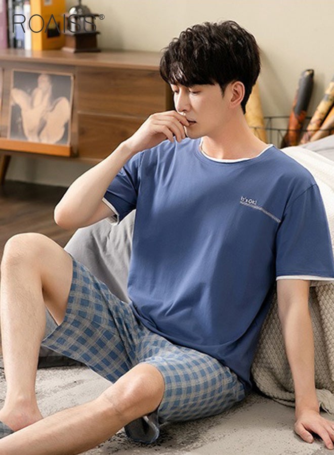 roaiss Men's 2 Piece Loungewear Set Round Neck Short Sleeves Checked Shorts Modal Pajamas Loose Comfortable Pajama Set Skin Friendly Fabric Homewear Soft Versatile Design Blue  - Image 1