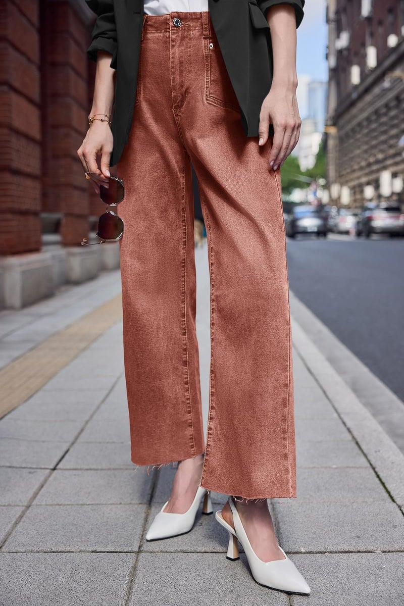 Cicy Bell Womens High Waisted Cropped Jeans Trendy Stretchy Baggy Straight Leg Raw Hem Capri Denim Pants Brown - Image 3