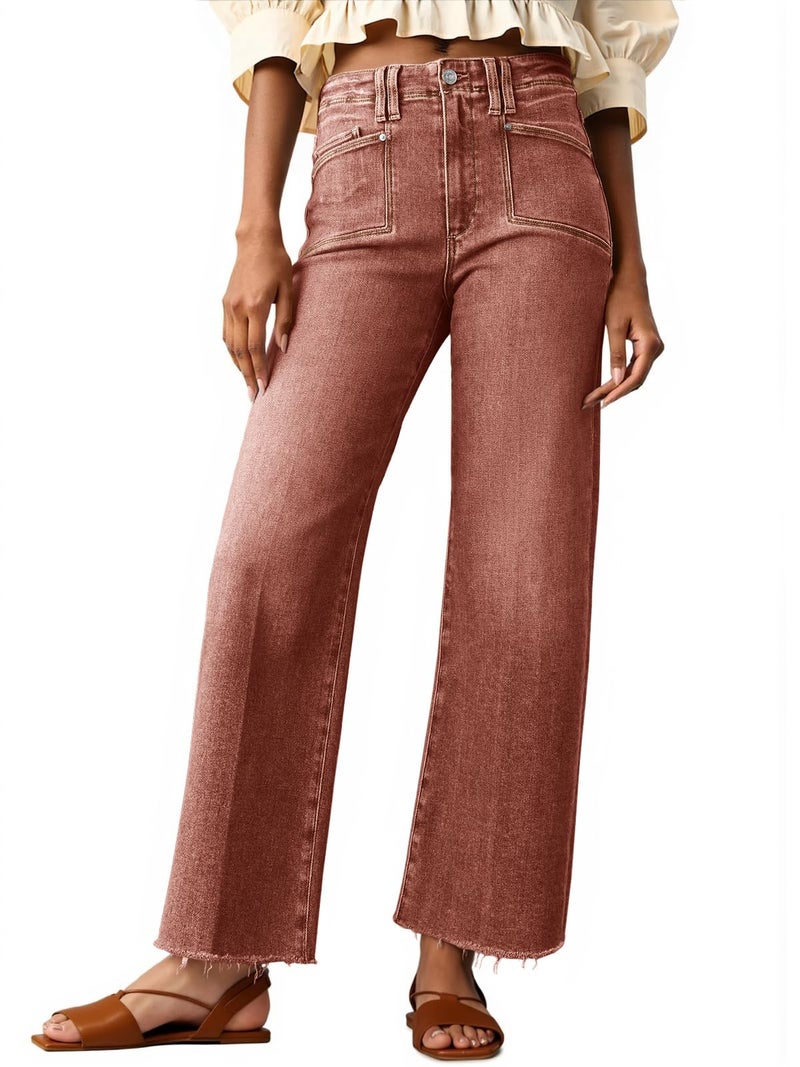 Cicy Bell Womens High Waisted Cropped Jeans Trendy Stretchy Baggy Straight Leg Raw Hem Capri Denim Pants Brown - Image 1