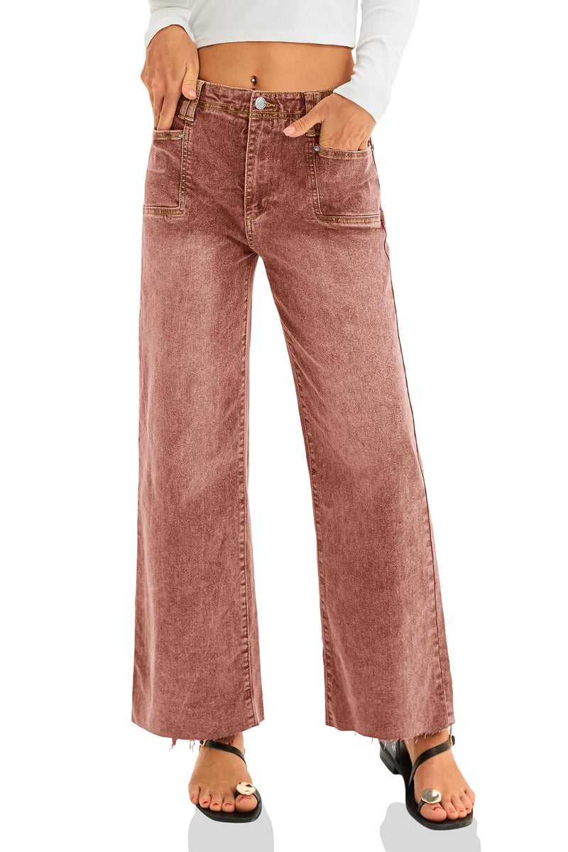 Cicy Bell Womens High Waisted Cropped Jeans Trendy Stretchy Baggy Straight Leg Raw Hem Capri Denim Pants Brown - Image 4