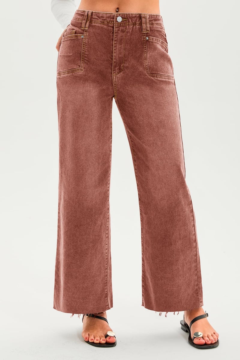 Cicy Bell Womens High Waisted Cropped Jeans Trendy Stretchy Baggy Straight Leg Raw Hem Capri Denim Pants Brown - Image 5