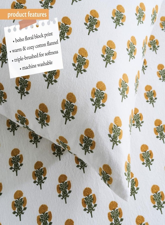 Indigo Ink ملاءات سرير إنديجو إنك - مقاس كوين، طقم سرير من الفلانيل القطني مع أغطية وسائد متناسقة، طقم سرير زهري فائق النعومة، متوسط الوزن للاستخدام على مدار السنة، معتمد من Oeko-Tex (مجموعة جولدن بلوم، أبيض/ذهبي) - Image 5