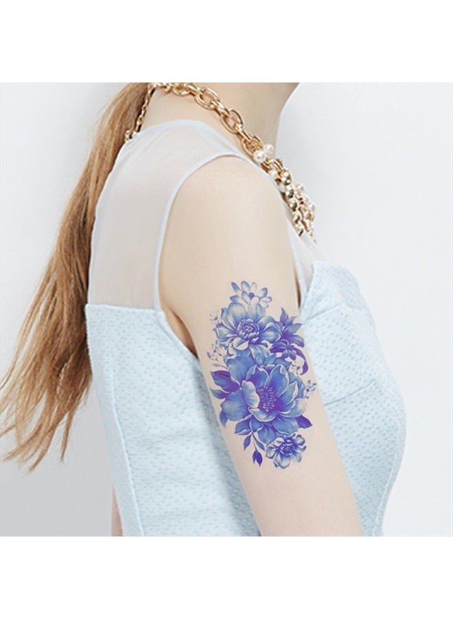TAFLY Blue Tattoos Fake Flower Arm Temporary Tattoo Body Sticker for Women 5 Sheets - Image 1