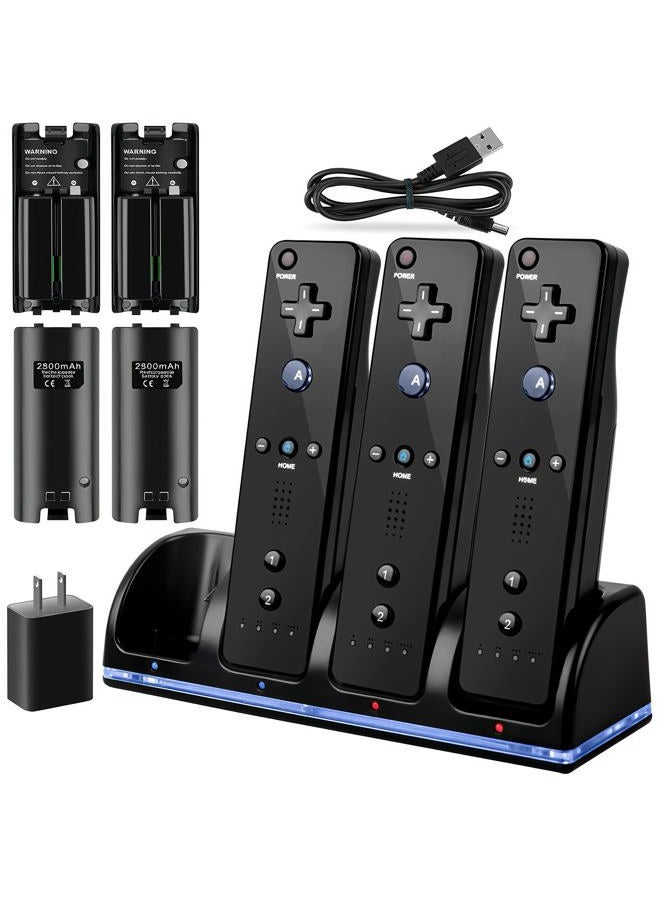 N.C 4-in-1 Charger Station for Wii/Wii U Remote Controller, Charging with 4 Pack 2800mAh Rechargeable Battery Pack+4 Port Charging Station+Plugs+USB Cable,Not Include Remote (Black) - Image 1