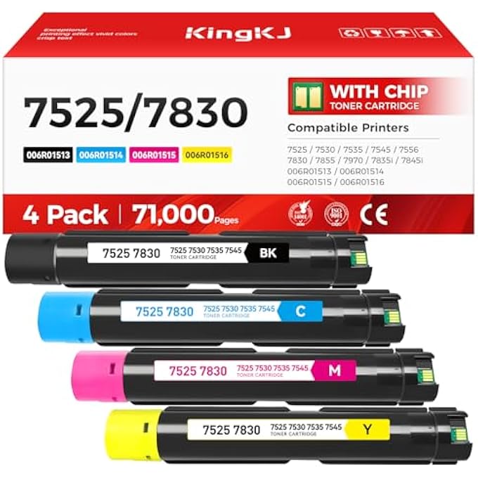 طقم خرطوشة حبر 7525 حزمة 4 عالية الإنتاجية بديل لـ زيروكس 006R01513 006R01514 006R01515 006R01516 متوافق مع طابعات زيروكس وورك سنتر 7525 7530 7535 7545 7556 7830 7855 7970 7835I 7845I - Image 1