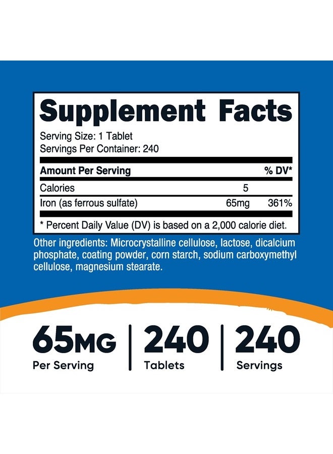 Nutricost Iron (As Ferrous Sulfate) 65mg, 240 Tablets - Non-GMO, Gluten Free - Image 2