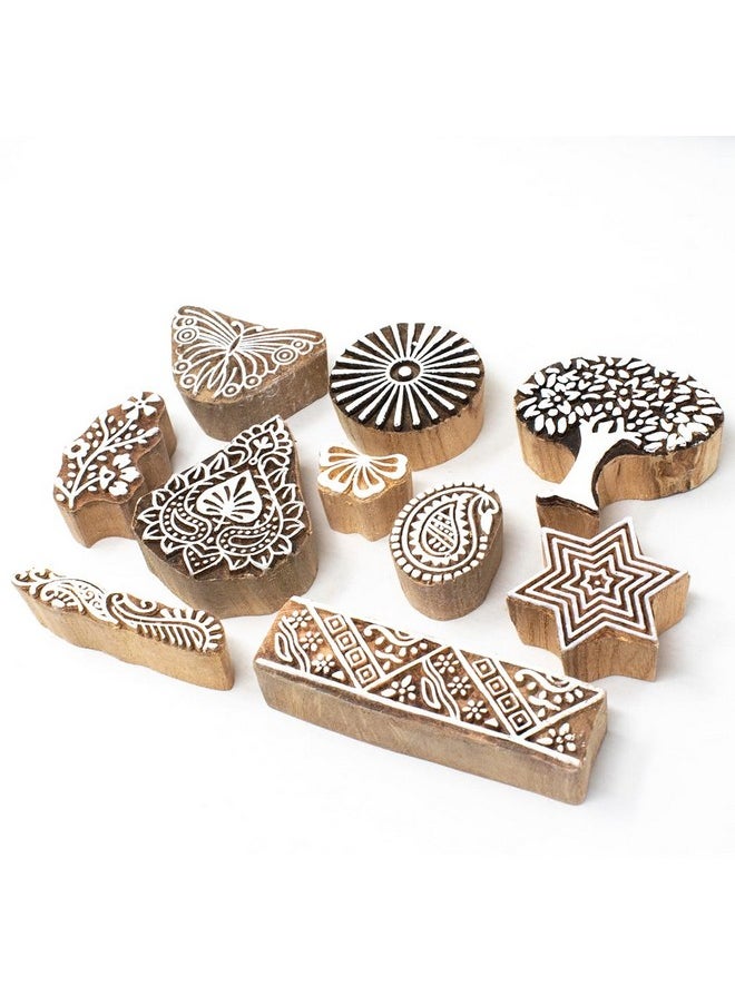 Hashcart Wooden Stamp Block, Printing Stamp Design Set | Block For Printing Saree Border | Dresses, Craft Card Making, Scrapbook, Clay Pottery | Set Of 10  - Image 1