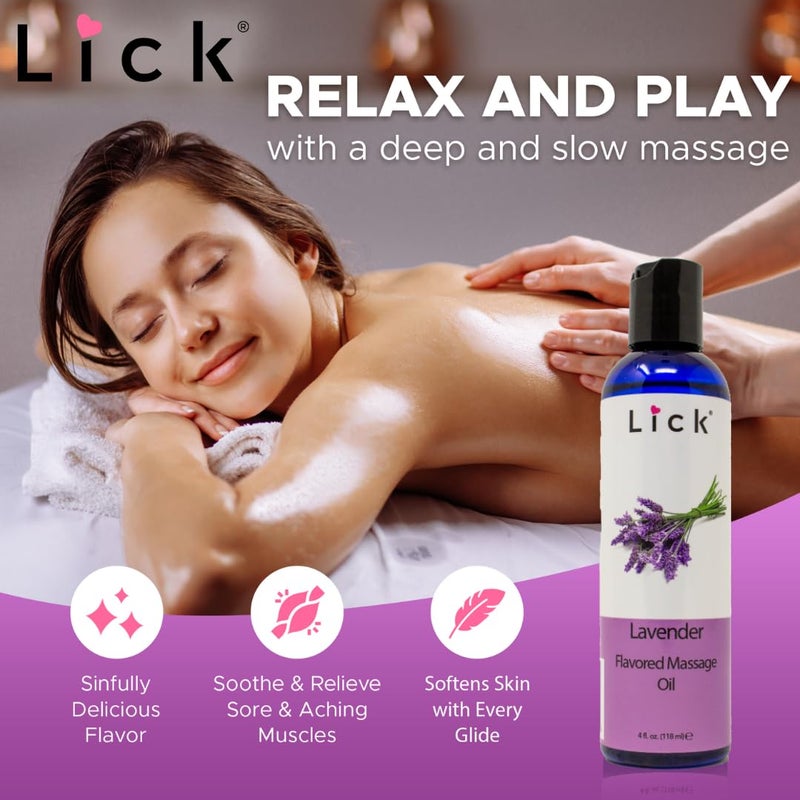 LICK زيت تدليك بنكهة اللافندر للأزواج - لوشن تدليك قابل للأكل مع فيتامين E وزيت اللوز الحلو وزيت جوز الهند غير لزج ولطيف على البشرة - طبيعي ومريح ونباتي (4 أونصات) - Image 4
