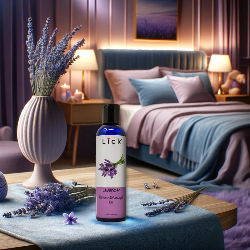 LICK زيت تدليك بنكهة اللافندر للأزواج - لوشن تدليك قابل للأكل مع فيتامين E وزيت اللوز الحلو وزيت جوز الهند غير لزج ولطيف على البشرة - طبيعي ومريح ونباتي (4 أونصات) - Image 3