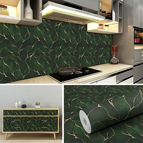 WallDaddy Green & Golden Marble Wallpaper for Kitchen Waterproof and Oil Proof | Kitchen Wallpaper Foil Wallpaper Size (40x200) CmKitchen Shelf Wallpaper Wall Stickers for Kitchen Wall Chimney - Image 1