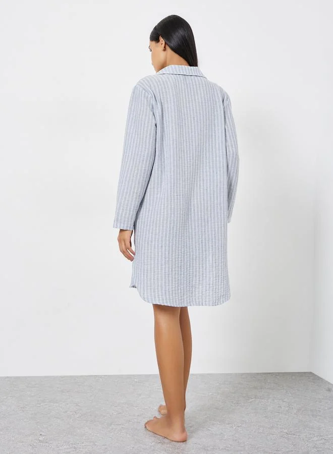 Styli  Woven Linen Look Stripe Buttoned Nightshirt Dress for Women | Best Price UAE