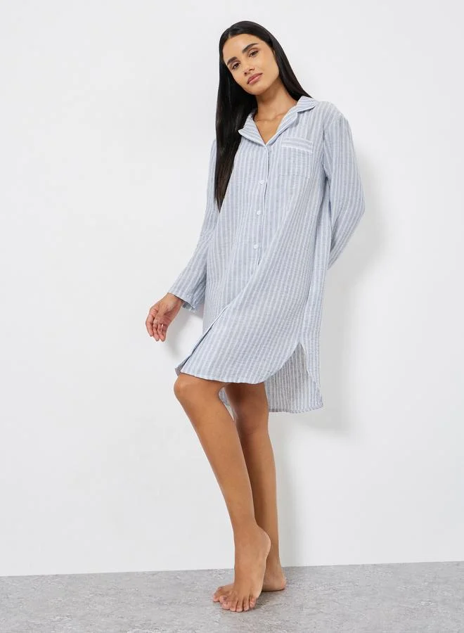 Styli Woven Linen Look Stripe Buttoned Nightshirt Dress