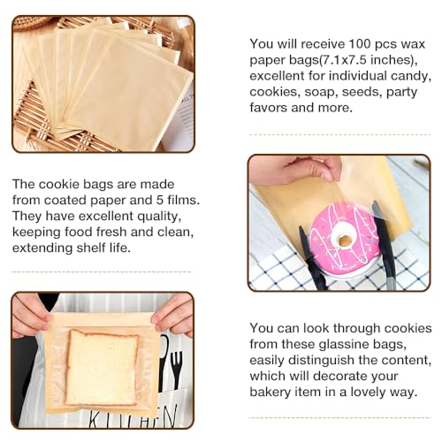 Goalfly 100 Pcs Bakery Bags with Window, 7.1 x 7.5 Inches Paper Sandwich & Donut Bags for Treat, Snack & Cookie Packaging (Brown) - Image 3