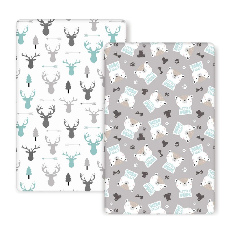 GRSSDER Stretchy Ultra Soft Jersey Knit Fitted Pack n Play Sheets 2 Pack Playard Sheets for Baby Girls and Boys Universal Fit for Pack N Plays Safe and Snug Cute Bear and Deer