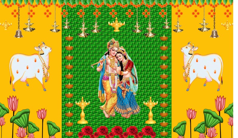 Backdropon Two Cow and Green chatiya with Shree Radha Krishna Design Backdrop Cloth for Pooja Decoration Traditional Background Curtain Cloth for Festival Size 5 Feet Height and 8 Feet Width(5 * 8) - Image 1