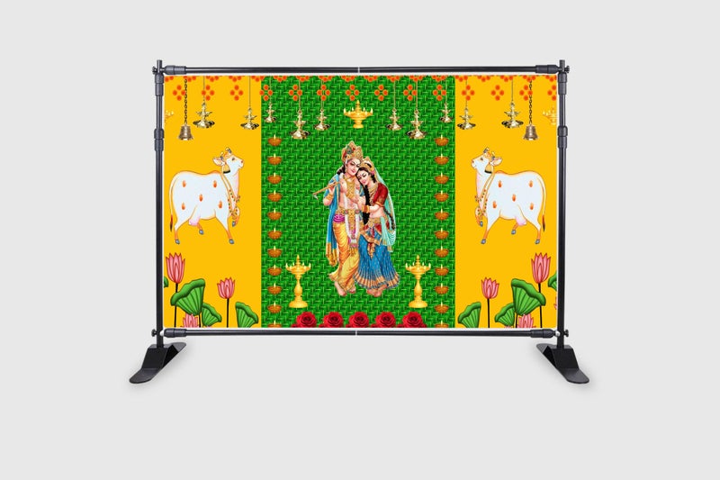 Backdropon Two Cow and Green chatiya with Shree Radha Krishna Design Backdrop Cloth for Pooja Decoration Traditional Background Curtain Cloth for Festival Size 5 Feet Height and 8 Feet Width(5 * 8) - Image 2