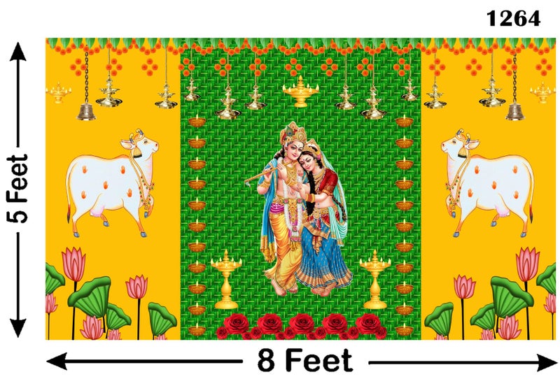 Backdropon Two Cow and Green chatiya with Shree Radha Krishna Design Backdrop Cloth for Pooja Decoration Traditional Background Curtain Cloth for Festival Size 5 Feet Height and 8 Feet Width(5 * 8) - Image 3