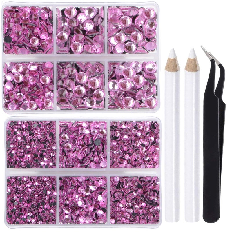 LPBeads 6400 Pieces Hotfix Rhinestones Pink Flat Back 5 Mixed Sizes Crystal Round Glass Gems with Tweezers and Picking Rhinestones Pen - Image 1