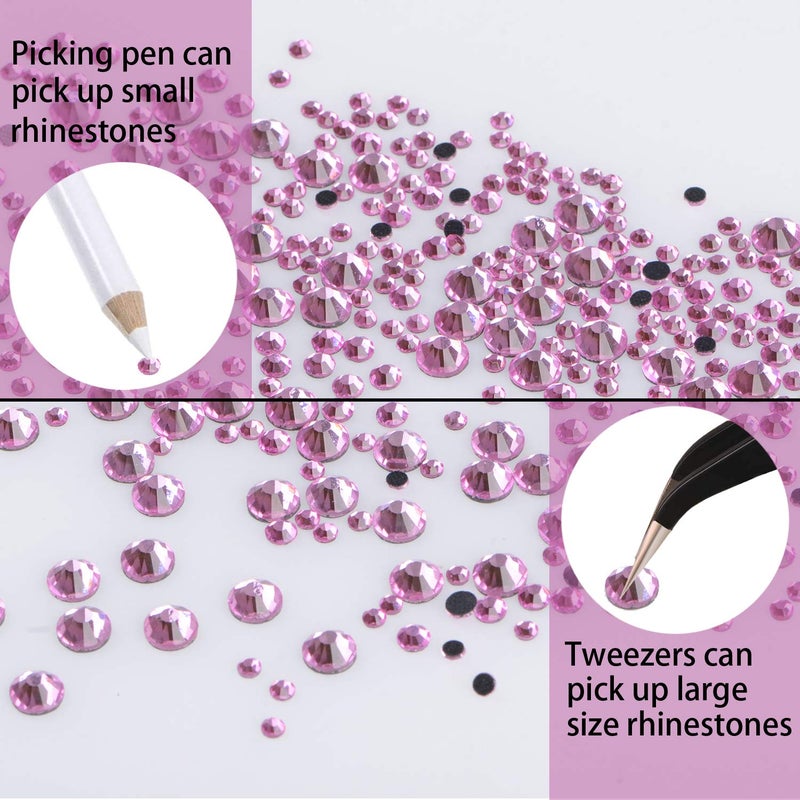 LPBeads 6400 Pieces Hotfix Rhinestones Pink Flat Back 5 Mixed Sizes Crystal Round Glass Gems with Tweezers and Picking Rhinestones Pen - Image 5