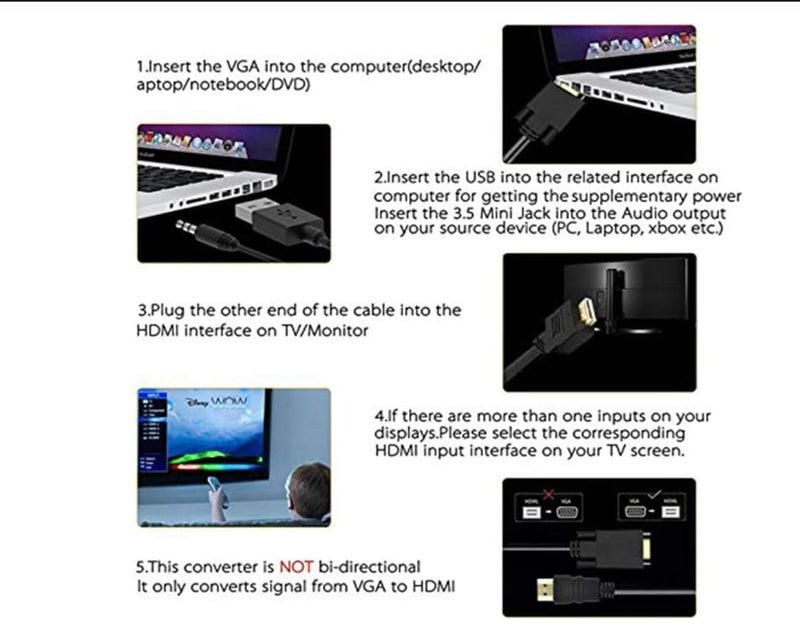 VGA to HDMI Male to Female Adapter, 1080P Full Resolution, with 3.5mm Audio Cable and USB Cable, Black for PC, Monitor, Projector, TV - Image 4